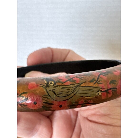 Vintage Set 2 Tree Of Life And 2 Birds Flowers Painted Wood Bangle Bracelets - Picture 16 of 16